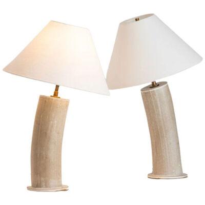 Pair Contemporary Stoneware Beige Glazed Ceramic Table / Desk Lamps, Parchment