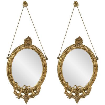 Pair 19th C Mirror Oval Sconces Giltwood Design With Two Candle On Each Mirror