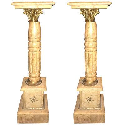 Pair of Antique Pedestals or Columns Marble with Bronze Mounts