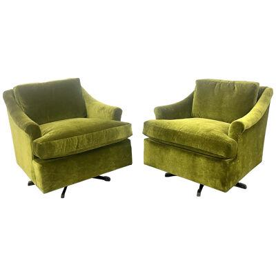 Pair of Mid Century Modern Swivel Arm, Lounge Chairs, Olive Green Velvet