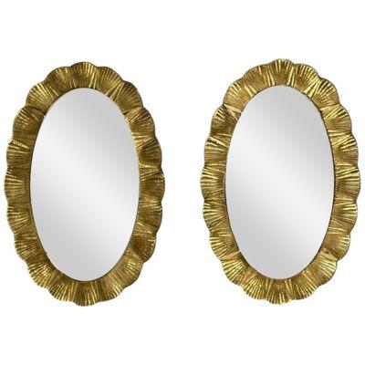 Contemporary, Oval Wall Mirrors, Scallop Motif, Murano Glass, Gilt Gold, Italy