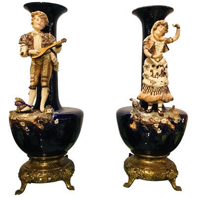 Two Large Porcelain French 19th-20th Century Figurative Vases or Male & Female 