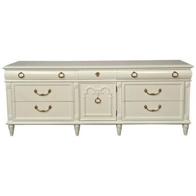 Louis XVI Style Painted Dresser, Mid Century Modern, Commode, Bronze, Off White