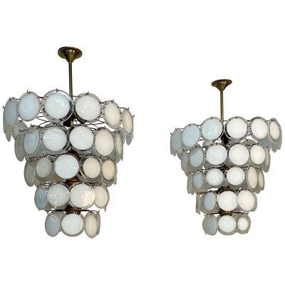 Pair of Murano Disc Mid-Century Modern Chandeliers, Antiqued Brass