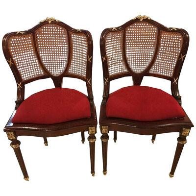 Bronze-Mounted Louis XVI Style Dining Chairs Manner of Jansen - a Pair