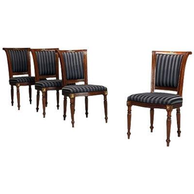 Louis XVI, Dining Chairs, Walnut, Navy Fabric, Giltwood, United States, 2000s