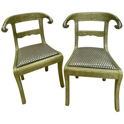 Pair of Neoclassical Side Chairs, Wrapped Metal, Rams Heads, Europe Gustavian