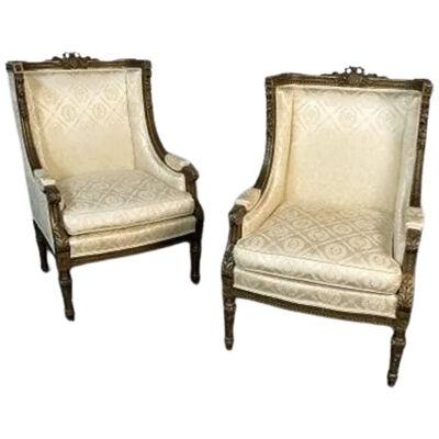 Pair of Louis XVI Jansen Style Wing Back, Arm Chairs, Scalamandre Upholstery