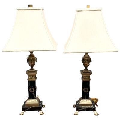 Pair of Hollywood Regency Bronze and Marble Table Lamps, Corinthian Column Form