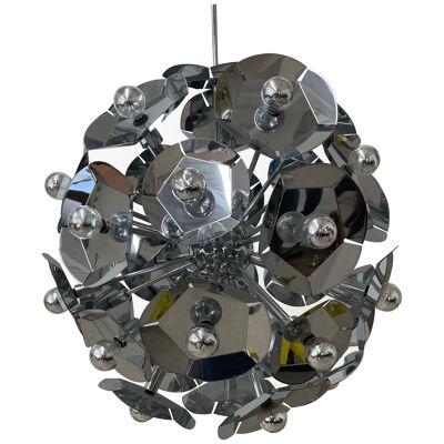 Large Italian Mid-Century Modern Sputnik Style Flower Chandelier, Round, Chrome