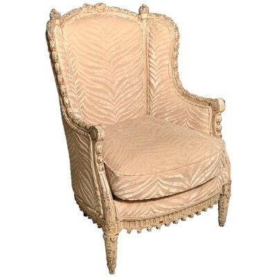 French Louis XVI Style Bergère Armchair with Silk Velvet Upholstery