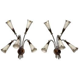 French Mid-Century Modern, Five Arm Sconces, Brass, Crystal, France, 1950s