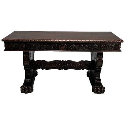 Italian Renaissance, Desk or Center Table, Walnut, Hand Carved, Italy, 1880s