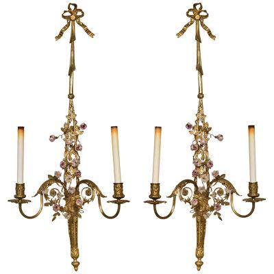 French Belle Époque Style Brass Wall Sconces Florette And Foliate Two Arms Each