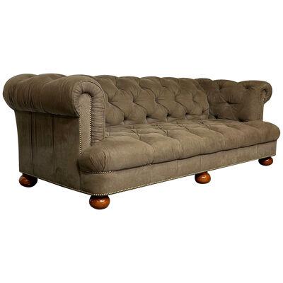 Regency Style Chesterfield Tufted Sofa, Bun Legs, Pleated Fabric, Mahogany