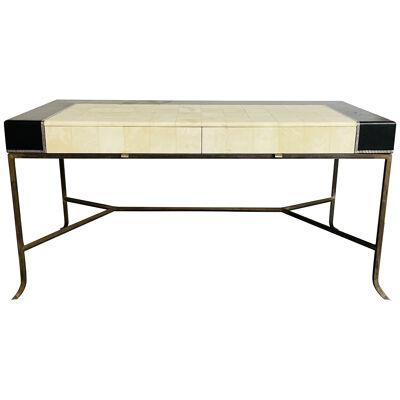 Mid Century Modern Neoclassical Style Desk, Black Leather with Greek Key, Metal