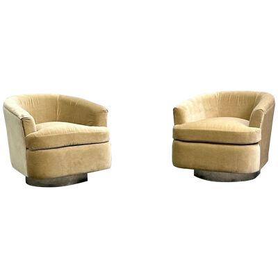 Mid-Century Modern Milo Baughman Style Swivel Chairs, Chrome Base, Tan Velvet