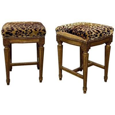 Pair of Louis XVI Style Foot Stools, Benches or Ottomans, Faux Leopard, 