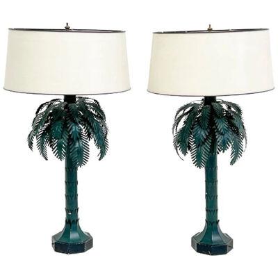 Large Pair of Mid-Century Modern Maison Jansen Style Palm Tree Lamps, Metal