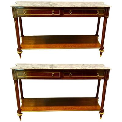 Pair of Louis XVI Style Bronze Mounted Marble-Top Console Tables, Inverted Sides