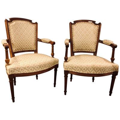 Pair of French Custom Louis XVI Style Carved Bergere, Office or Armchairs