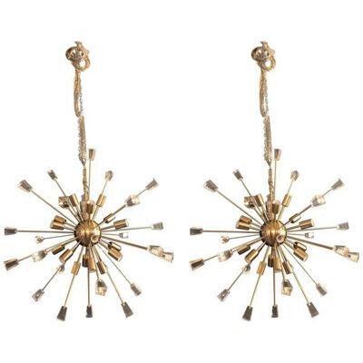 Brass Eighteen-Light Sputnik Chandeliers in the Mid-Century Modern Style, a Pair