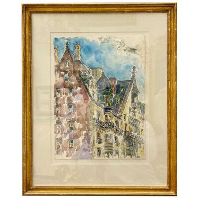 Modernist Watercolor Signed by Adam Van Doren, Architecture, City, Framed