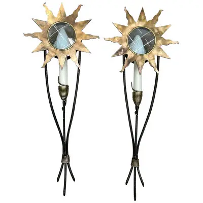 Pair of Mid Century Modern Brass / Copper Star Sconces, Olympia, Hand Hammered