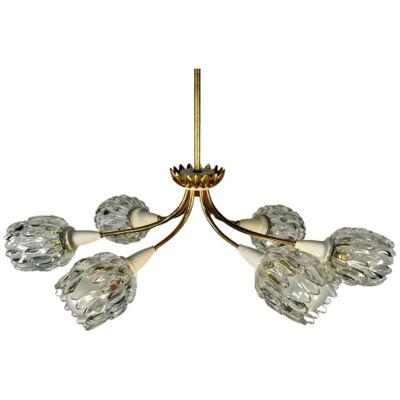 Italian Mid-Century Modern Six Light Brass Pendant / Chandelier, Textured Glass