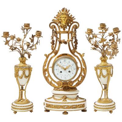 Tiffany & Co, French Louis XVI, Clock, Garniture Set, Bronze, Marble, France