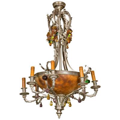 French Art Nouveau Style Eight-Light Chandelier Silver Argente Over Bronze