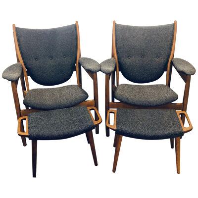 Pair of Mid-Century Modern Arm Chairs in the Style of Finn Juhl, with Ottomans
