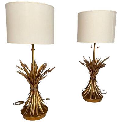 Pair of Hollywood Regency Style Wheat Sheath Table / Desk Lamps, Gilt Metal
