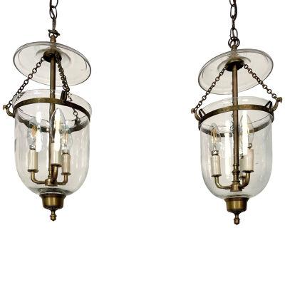 Pair Bell Jar Lanterns or Pendants, Brass and Glass, Domed