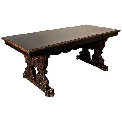 Renaissance Carved Dining Center Table, Dolphin Claw Foot Base, 19th Century