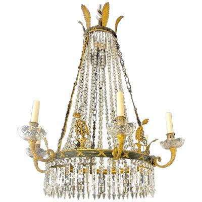 Russian Neoclassical Six Light Chandelier, Bronze and Crystal