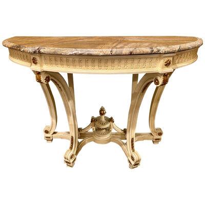 Demilune Console Hollywood Regency Style Marble-Top with Beveled Mirror Back