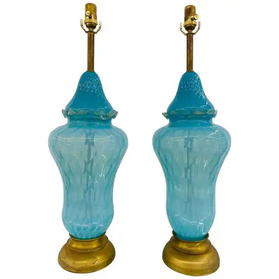 Pair of Italian Mid-Century Modern Murano Glass Table Lamps, Turquoise, Brass