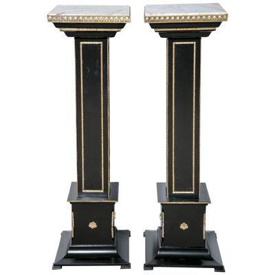 Pair Bronze-Mounted Ebonized Pedestals by Maison Jansen With White Marble Tops