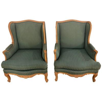 Pair of Louis XV Style Lounge or Wing Chairs, Carved, Large