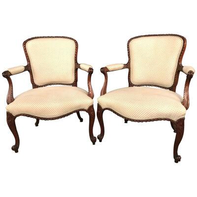 Pair of Louis XV Style Walnut Fauteuils or Bergères in a Scalamandre Fabric