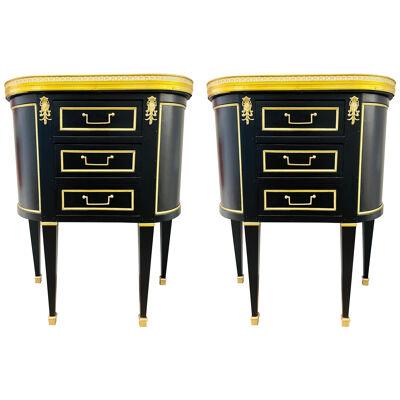 Pair of Jansen Inspired Marble-Top Galleried Ebonized End Tables / Nightstands