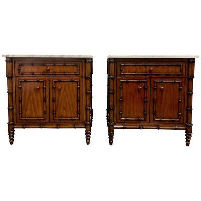 Pair Faux Bamboo Bedside Tables, End Tables, Chests, Marble Tops