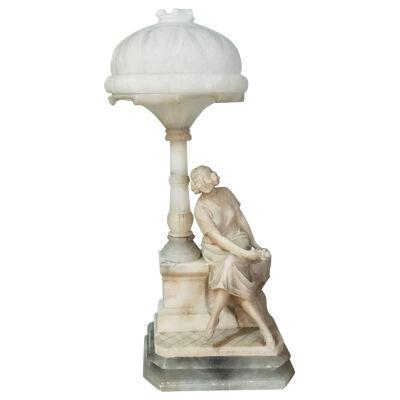 Art Deco Alabaster Domed Table Lamp Depicting a Seated Lady at a Street Lamp