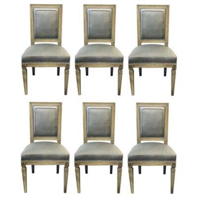Set of Six Jansen Style Dining, Side Chairs, Faux Linen Painted, New Upholstery