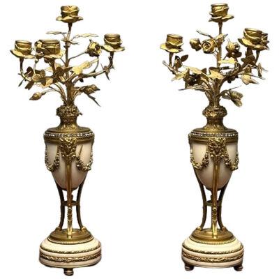 Pair of Louis XVI Style Bronze and Marble Four-Light Candelabra, Jeweled
