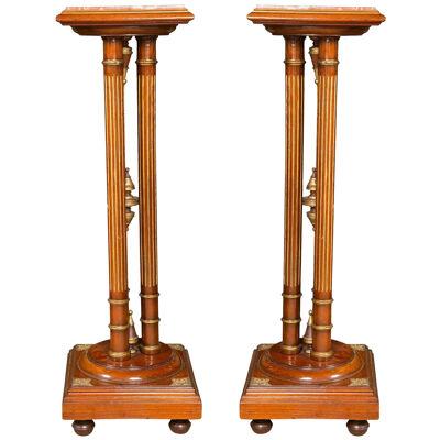 Pair Regency Style Mahogany Column Pedestals Square Marble Tops Brass Accents