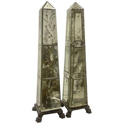 Venetian Mirrored Obelisk. Compatible Pair Etched Glass Panels
