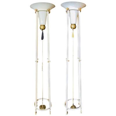 Pair of Mid-Century Modern Bronze Floor Torchiere Lamps with Porcelain Globes