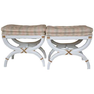Hollywood Regency White Painted X-Benches - A Pair